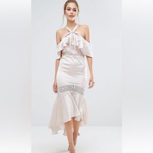 Satin Bardot Dress with lace insert